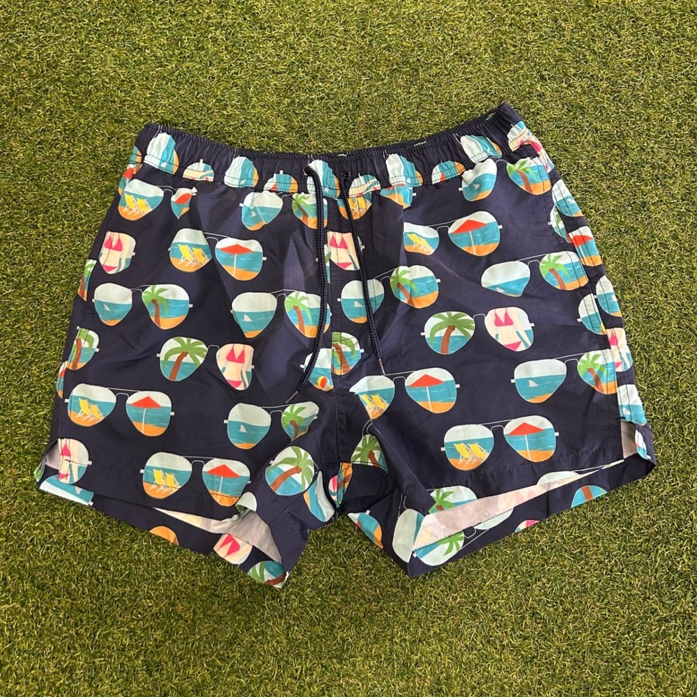 ASOS Mens Navy Blue Sunglasses Tropical Print Swim Trunks Shorts Size S
